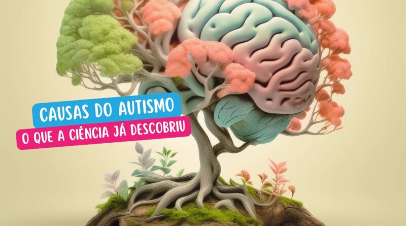 Ilustração mostrando cérebro humano com ícones representando fatores genéticos e ambientais das causas do autismo.