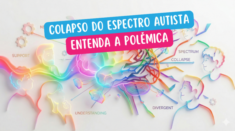 Ilustração representando o debate sobre o colapso do espectro autista, mostrando diferentes perfis de pessoas neurodivergentes em um fundo clínico.